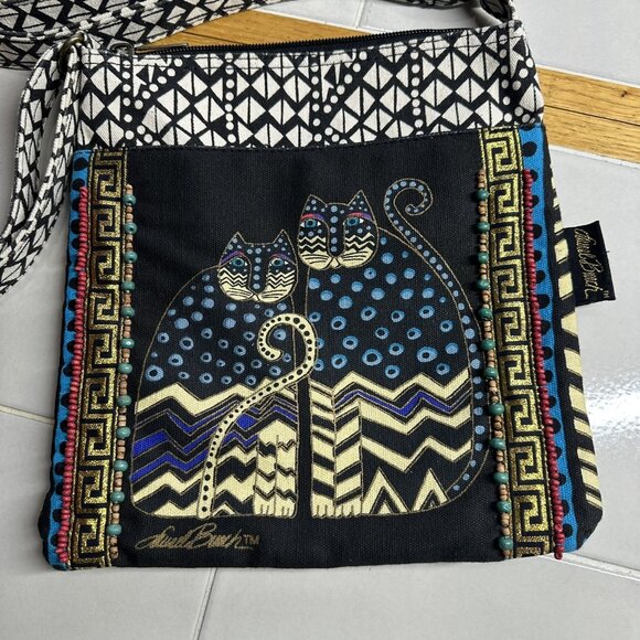 Laurel Burch Beaded Canvas Cat Print Crossbody Bag Black/Multicolor - Picture 2 of 6
